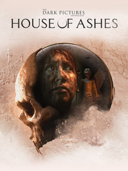 The cover art for House of Ashes. In the foreground is the logo of The Dark Pictures Anthology, a skull facing the left side of the image. The skull in question possesses a pair of vampire-like fangs. An image of Rachel King, covered in blood, and a picture of a Pazuzu statue are overlaid on the cranium.