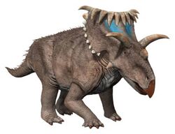Computer rendering of a gray, quadrupedal dinosaur with many horns