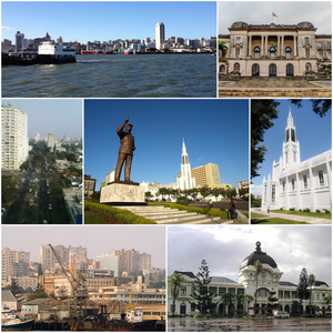 Clockwise, from top: Maputo skyline, Maputo City Hall, Our Lady of the Immaculate Conception Cathedral, Maputo Railway Station, Port of Maputo, Avenida 24 de Julho, and the Samora Machel Statue in Independence Square