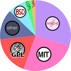 A pie chart displays the most commonly used open source license as Apache at 30%, MIT at 26%, GPL at 18%, BSD at 8%, LGPL at 3%, MPL at 2%, and remaining 13% as licenses with below 1% market share each.