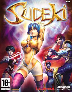 Against a reddish background, four characters stand in poses; from left the right, a human-like character with spiked gauntlets, a blue-haired human woman performing a spell, a man with an artificial arm wielding a gun, and an armoured swordsman.