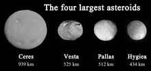 Relative sizes of the four largest asteroids. Ceres is furthest left.