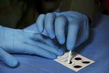 A person wearing gloves spreads blood on a blood typing card