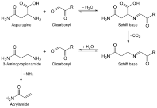 Formation of acrylamide by reaction between asparagine and dicarbonyl compounds derived from the Amadori reaction
