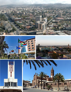 Clockwise from top: Cityscape, Sunset view over Asmara, Church of Our Lady of the Rosary, Fiat Tagliero Building sign, 23d ISCOE East Africa conference in Asmara 2019