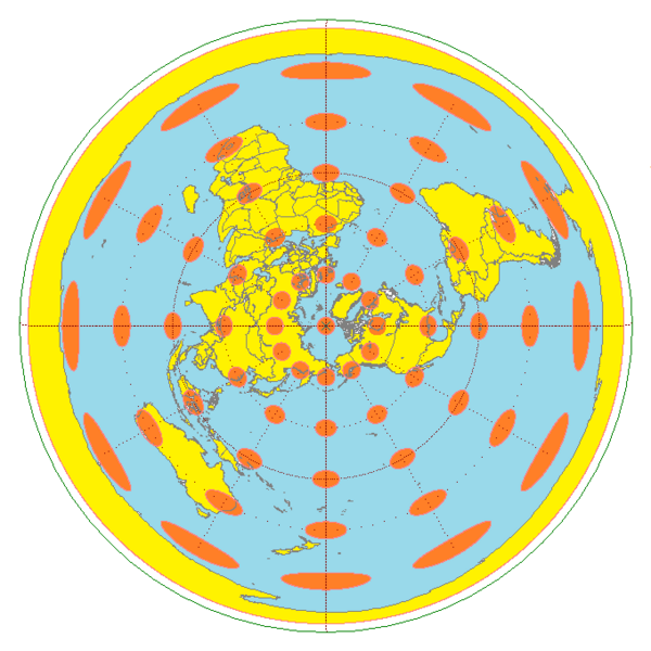 File:Azimuthal equidistant projection with Tissot's indicatrix.png