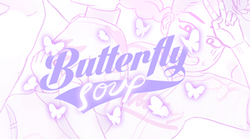 Title card with Butterfly Soup in purple over line drawing of a girl