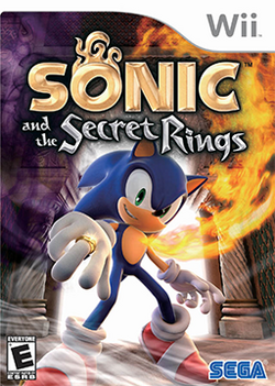 A blue anthropomorphic hedgehog with spiky hair poses in the foreground, facing the camera and smiling mischievously. A shiny golden ring is on his right middle finger and a flame streams upward from his heart, from which he does not flinch. The background contains a temple with a door through which bright light is visible. A large part of the left side of the scene is obscured by purple fog, and wind graces the floor near the hedgehog's shoes. Near the top of the image, the text "Sonic and the Secret Rings" appears in stylized, metallic form, the first word colored gold and the rest of them silver.