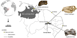 Map of the Northeast Region of Brazil, with the marked fossil discovery sites of Oxalaia, Irritator, and Angaturama