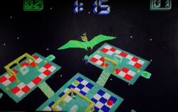 Screenshot of the Virtuality Dactyl Nightmare VR game showing several checker board platforms rendered in flat shaded polygons. A green pterodactyl flies overhead having just released a player avatar.