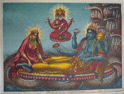 Vishnu rests on the serpent Ananta while Brahma appears within a lotus flower emitting from Vishnu's navel.jpg