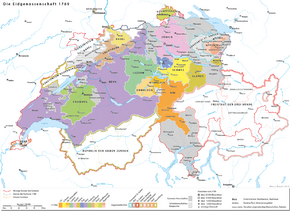 The Old Swiss Confederacy in the 18th century, with the modern Swiss national border in red.
