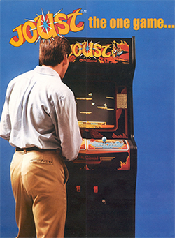 A blue, vertical rectangular poster. The poster depicts a man in a dress shirt and slacks in front of a black arcade cabinet with the title "Joust" displayed on the top portion. Above the cabinet, the poster reads "Joust the one game ..." in orange letters.