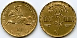 Lithuanian coin of 5 cents with Vytis (Waykimas) and the Columns of Gediminas, 1925.jpg
