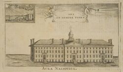 An engraving of Nassau Hall from 1760