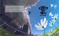 A curved painting of a field of white flowers in front a gray, fenced-in city. The word "Cloud" is written below the Chinese character for the same the right side, and description of the game is in a gray box on the left.