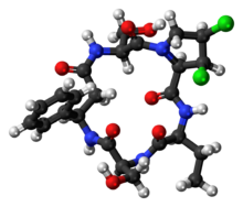 Ball-and-stick model of the cyclochlorotine molecule