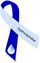 Two tone blue ribbon with water droplet and text on it reading "hydrocephalus awareness"