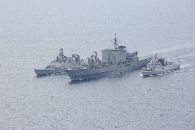 File:INS Sahyadri along with JS Ōmi (AOE-426) and a Kamorta class corvette.jpg