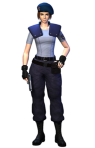 A 3D rendering of a fictional character using realistic proportions. She is wearing combat boots, military pants, a form-fitting light blue shirt, shoulder pads, a beret and tactical gloves. She has a pistol in her right hand by her side.