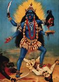 A ca. 1910 chromolithograph of Kali trampling Shiva by Raja Ravi Varma