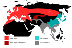 Map of Eurasia and North Africa with ranges depicted in four colours
