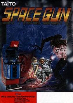 Artwork of a vertical rectangular box, depicting a spacesuited human protecting a female crew member and wielding a gun against an alien life-form, while several more alien life-forms can be seen. The game's logo is at the top of the image, with a picture of the arcade cabinet in the bottom left hand corner.