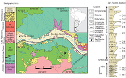 Geologic Map Cañadón Asfalto Basin and stratigraphic column of Lefipán Formation, Patagonia, Argentina.png