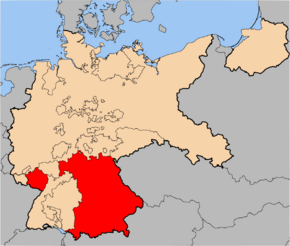 Territory claimed by the Bavarian Soviet Republic (in red) shown with the rest of the Weimar Republic (in beige)