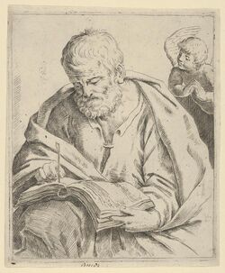 Old man seated and writing in a book, an angel at right looking over his shoulder, after Reni (?) MET DP837921.jpg