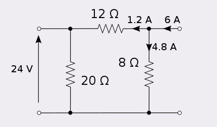 The previous attenuator showing port 2 current splitting to 1.2 and 4.8 amps the horizontal and vertical branches respectively