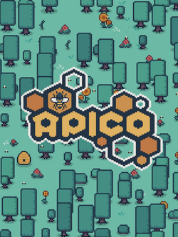 The cover art is a pixel art style design, showing the word "APICO" spelt out in large yellow hexagonal letters, on a backdrop to a bright green forest