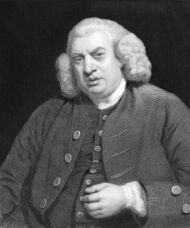 A half-length portrait of an elderly, and overweight, gentleman. He wears a waistcoat and blazer, with buttons, a white collar, and a wig. His left hand hovers close to his abdomen. The background is a dark black.