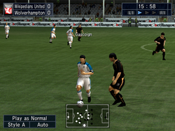 A screenshot of the game's 3D Match Engine, Wikipedians United is playing against an unlicensed version of Wolverhampton.