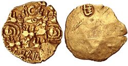 Telugu Chodas of Nellore. Bhoja II. 1216-1316 CE. Uniface flan with central lion standing left, four additional lion, two śri, uncertain, and bhujabha in Kananda punchmarks.jpg