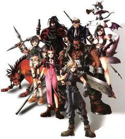 Nine people stand in a group against a white background; the group —made up of seven humans and two animal-like beings— wear a variety of clothing and the human characters carry different weapons.