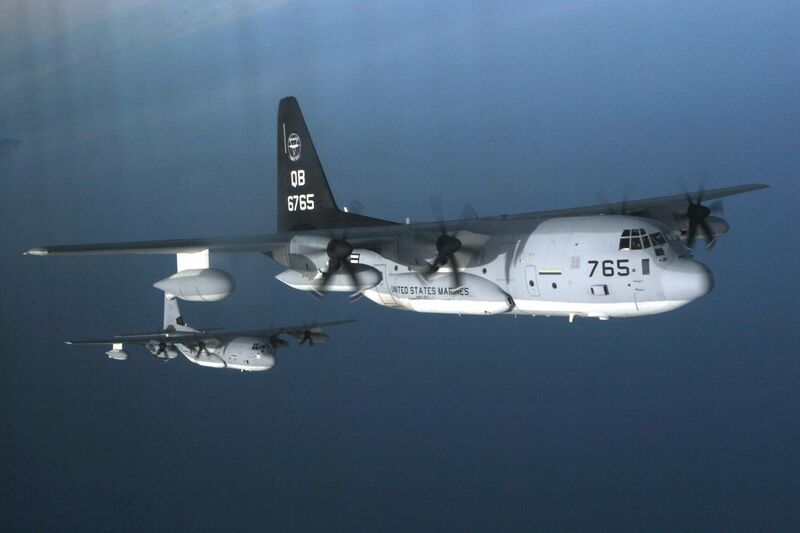 File:US Navy 070205-M-3968C-119 Two KC-130J Hercules aircraft, assigned to Marine Aerial Refueler Transport Squadron (VMGR) 352, stagger themselves during a refueling training exercise off the coast of Southern California.jpg