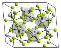 4 unit cells shown of a crystal structure that is skewed (not cubic) and has 8 bonds to a fluiride, for each metal (fluorides are 2 coordinate). Hard to resolve though even if you could see the picture.