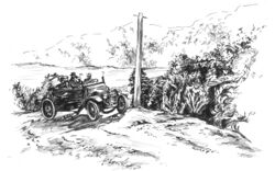 In drawing of a car on the Rotomā hill