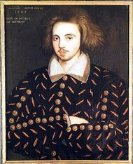 Portrait with front view of a man with long hair, moustache, and arms folded, a putative portrait of Christopher Marlowe (Corpus Christi College, Cambridge).