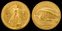Saint-Gaudens double eagle, subject of public outcry in 1907 due to the lack of "In God we Trust" on the coin (it would later appear on the obverse side, the one with the eagle, close to the sun's rim).