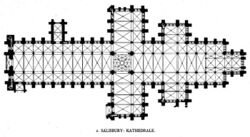 The plan of Salisbury Cathedral is a long Latin cross with an additional smaller transept towards the eastern end. A wide square at the crossing of the western transept marks the location of the central tower. A porch juts from the nave on the north side. A chapel extends from the square eastern end.