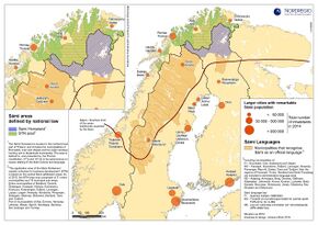 Location of Sápmi: dark red line showing the Southern limit of the areas traditionally controlled by the Sámi