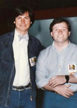 Steve Jobs with Wendell Brown in January 1984, at the launch of Brown's Hippo-C software for Macintosh.jpg