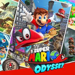 The icon art shows Mario, a cartoon-like mustachioed man, jumping and throwing his anthropomorphic hat, Cappy, towards the viewer. Behind them is a collage consisting of screenshots from different areas from the game, including a large picture of an urban location.