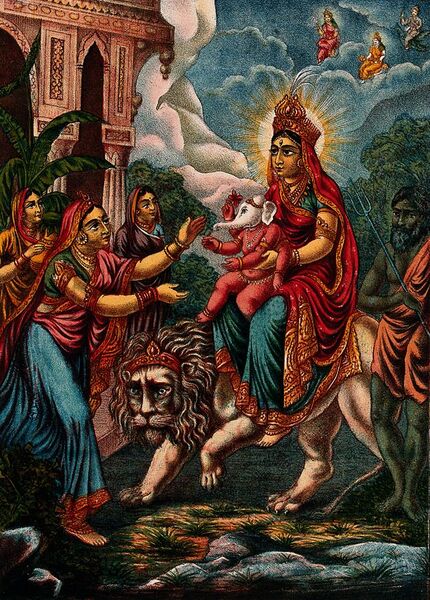 File:A goddess probably Parvati as Durga riding on a lion present Wellcome V0045026.jpg