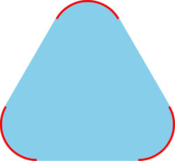 A picture of a smoothed triangle, like a triangular (Mexican) tortilla-chip or a triangular road-sign. Each of the three rounded corners is drawn with a red curve. The remaining interior points of the triangular shape are shaded with blue.