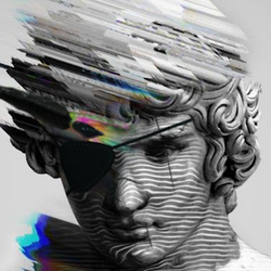 A stone bust of Antinous with curly hair. Glitch effects distort the top and left of the image, and an eyepatch and scars have also been digitally added.