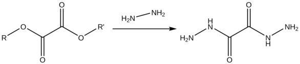 A reaction diagram with an Oxalate ester on the side of the reactants with the alkyl groups labelled as R and R', a reaction arrow with the structure of hydrazine over it and with Oxalyldihydrazide as the reaction product.