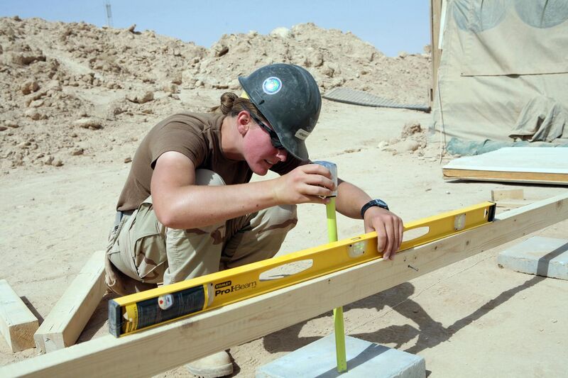 File:US Navy 080606-N-9623R-414 Builder 2nd Class Kathryn Henderson, assigned to Naval Mobile Construction Battalion (NMCB) 3, uses a horizontal level and tape measure.jpg